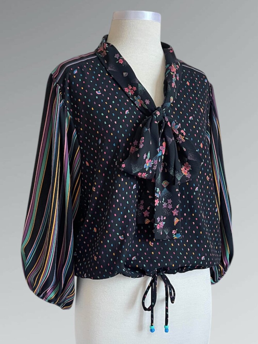 Vintage 80s Diane Freis Black Multicolor Mixed Print Georgette Tie Neck Blouse